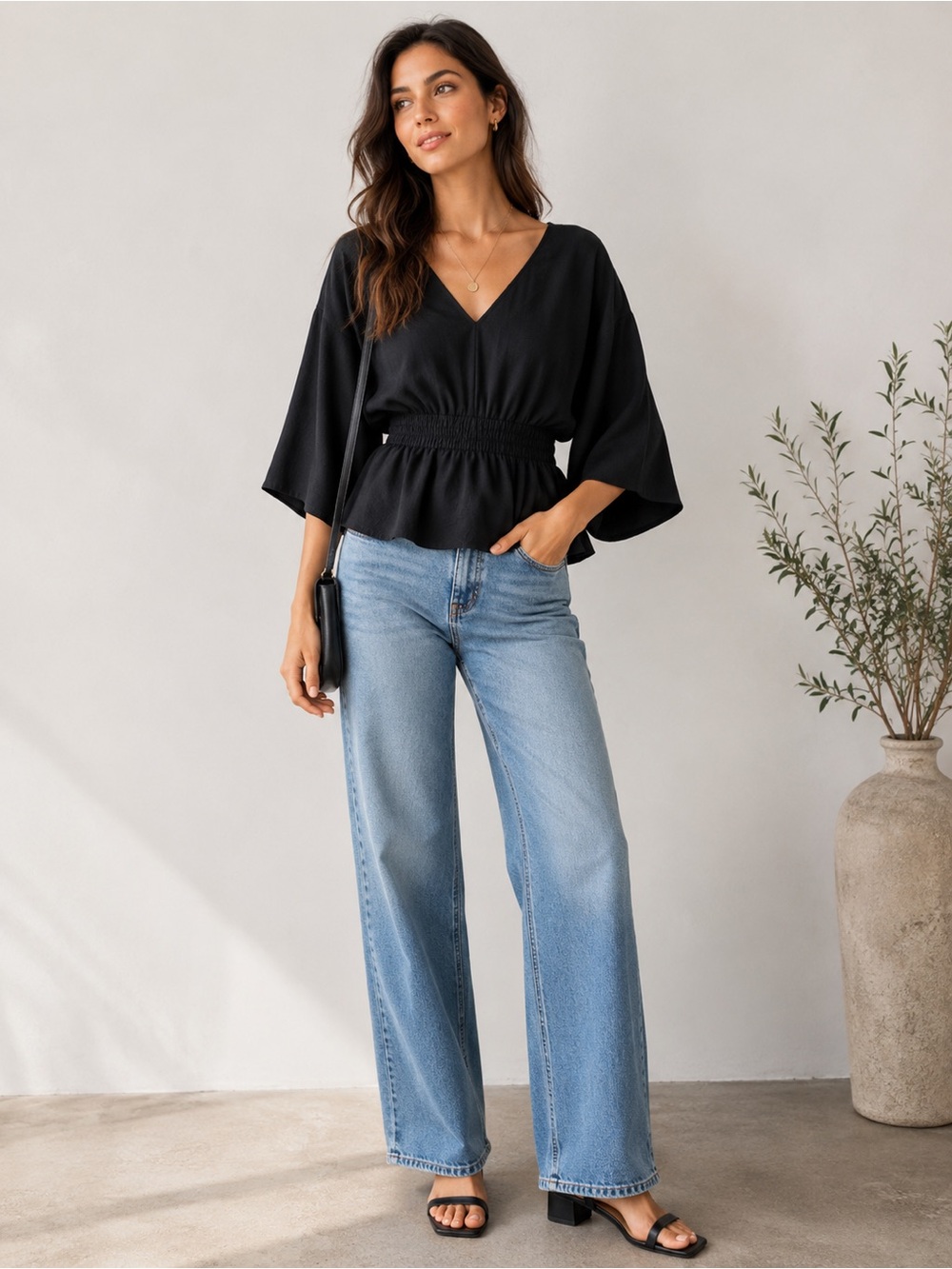 V-Neck Smocked Waist Black Blouse